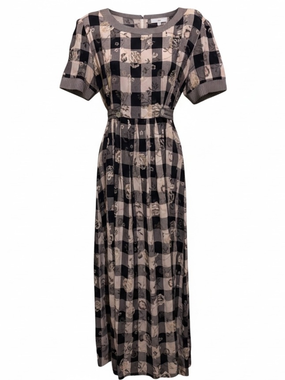 VTG Maxi Dress Black Tan Plaid Floral Gingham Trim Cottagecore Fall Shabby Chic